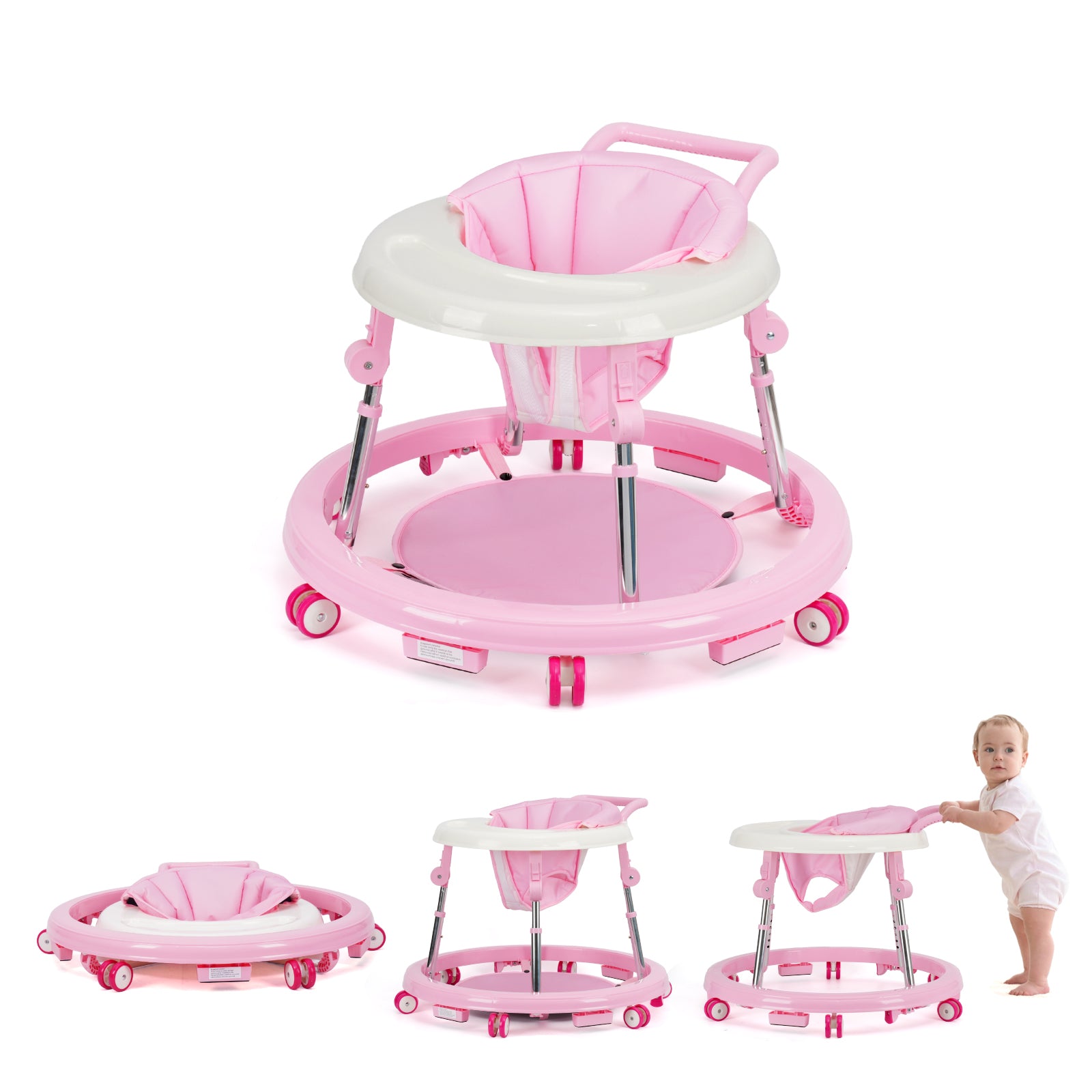 Baby Walker Foldable with 9 Adjustable Heights, Baby Walkers and Activity Center for Girls Boys Babies 7-18 Months, Baby Walker with Wheels Portable Anti-Rollover