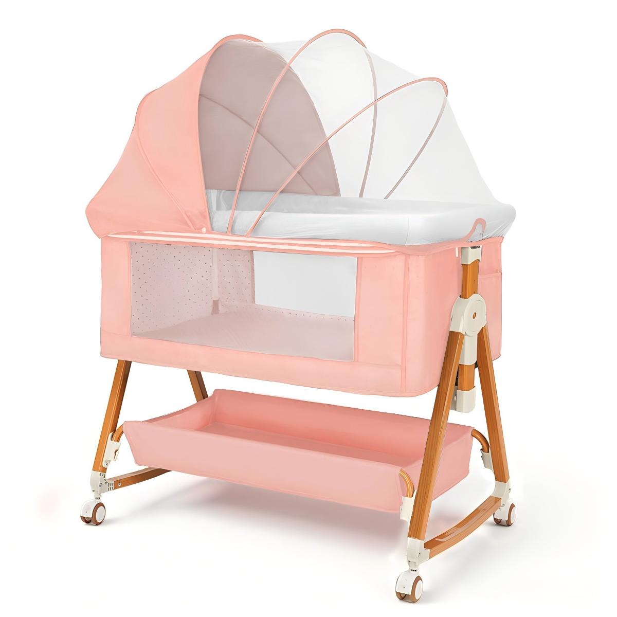 Baby Bassinet Sleeper, 6 Height Adjustable Cribs, Easy to Fold Portable Crib Side Bassinet, Swing Cradle Bed Side Sleeper with Ventilated NetWith Wheels