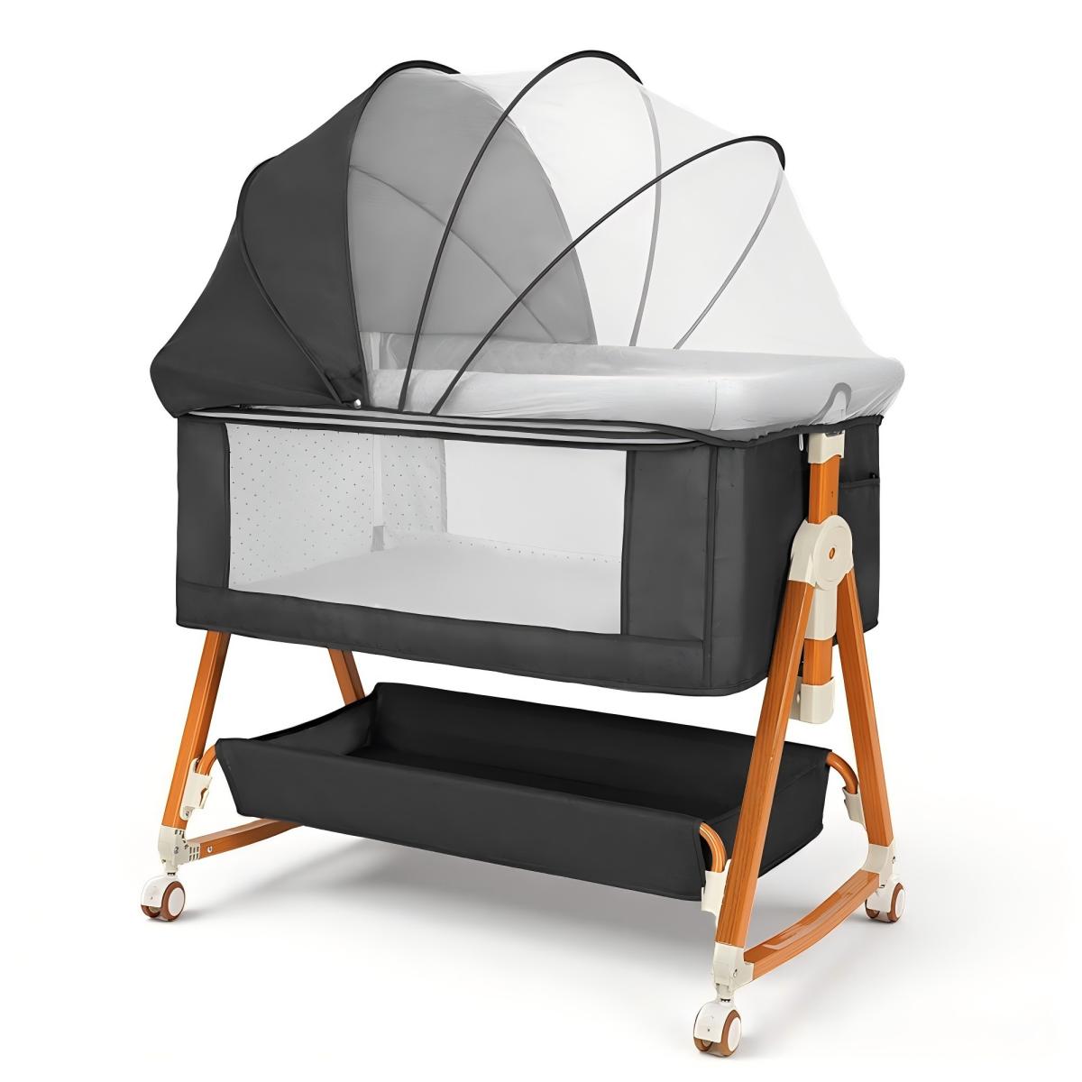 Baby Bassinet Sleeper, 6 Height Adjustable Cribs, Easy to Fold Portable Crib Side Bassinet, Swing Cradle Bed Side Sleeper with Ventilated NetWith Wheels