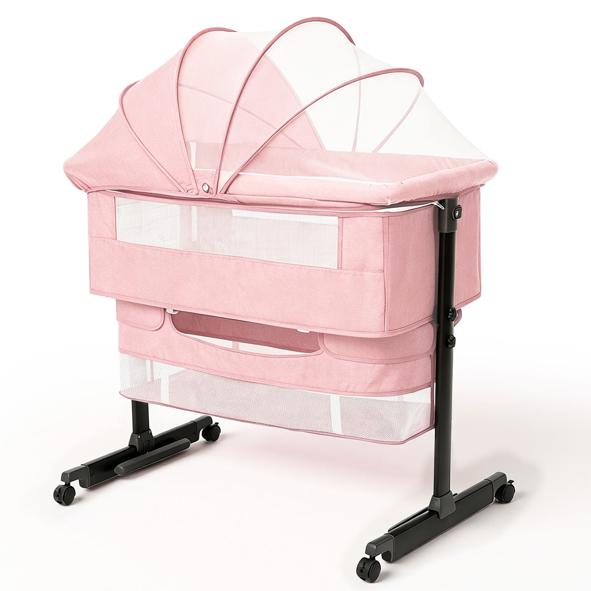 Baby Bassinet, Crib for Infant and Newborn, Bedside Sleeper with Storage Basket and Mosquito Net, Easy to Fold, Height Adjustable, Portable Side Bed Crib