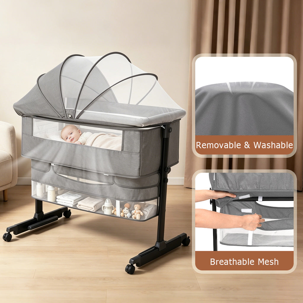 Baby Bassinet, Crib for Infant and Newborn, Bedside Sleeper with Storage Basket and Mosquito Net, Easy to Fold, Height Adjustable, Portable Side Bed Crib