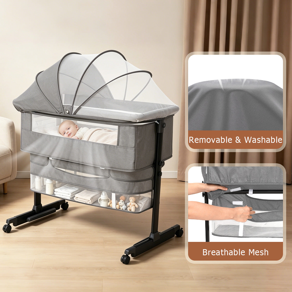 Baby Bassinet, Crib for Infant and Newborn, Bedside Sleeper with Storage Basket and Mosquito Net, Easy to Fold, Height Adjustable, Portable Side Bed Crib