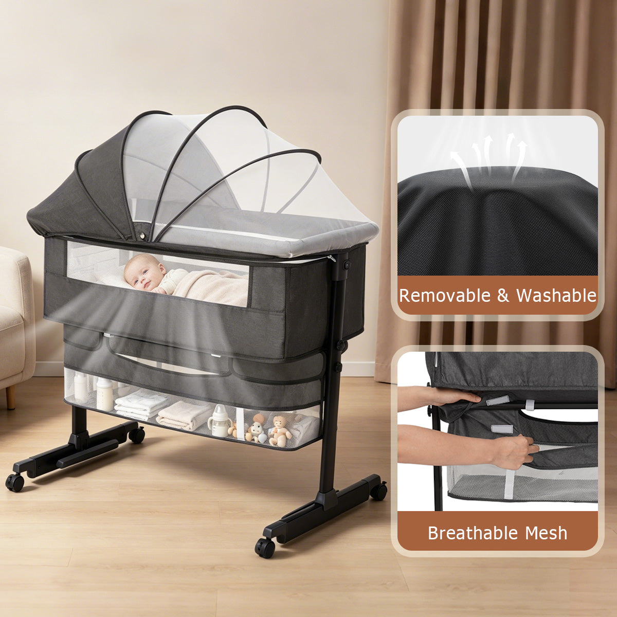 Baby Bassinet, 3 in 1 Bedside Bassinets for Baby, Bassinet Bedside Sleeper with Wheels, Adjustable Height with Rocking Mode, Breathable Mesh, Storage Basket, Easy Assemble & Folding