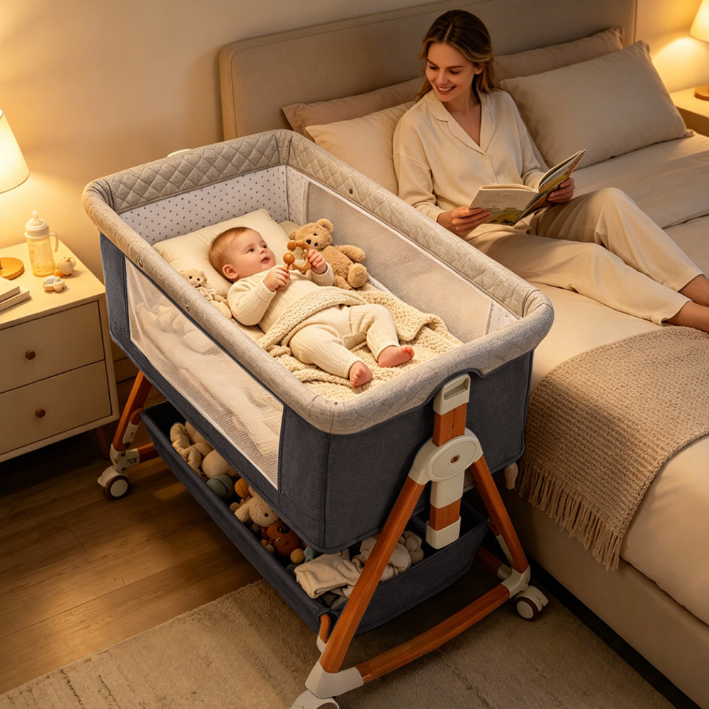 Baby Bassinet Sleeper, 6 Height Adjustable Cribs, Easy to Fold Portable Crib Side Bassinet, Swing Cradle Bed Side Sleeper with Ventilated NetWith Wheels