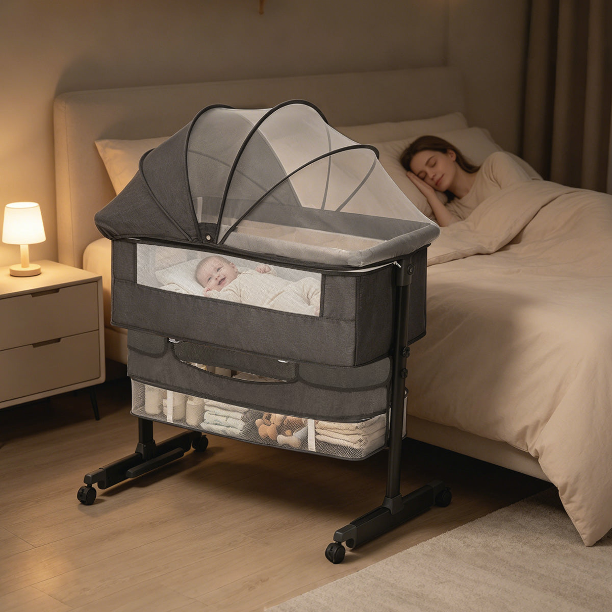 Baby Bassinet, 3 in 1 Bedside Bassinets for Baby, Bassinet Bedside Sleeper with Wheels, Adjustable Height with Rocking Mode, Breathable Mesh, Storage Basket, Easy Assemble & Folding