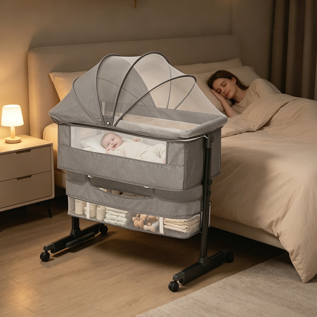 Baby Bassinet, Crib for Infant and Newborn, Bedside Sleeper with Storage Basket and Mosquito Net, Easy to Fold, Height Adjustable, Portable Side Bed Crib