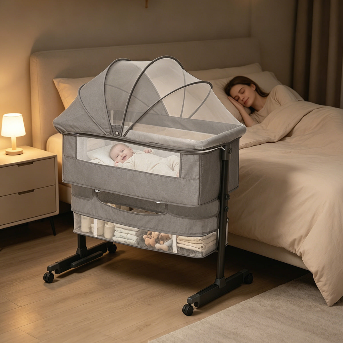 Baby Bassinet, Crib for Infant and Newborn, Bedside Sleeper with Storage Basket and Mosquito Net, Easy to Fold, Height Adjustable, Portable Side Bed Crib