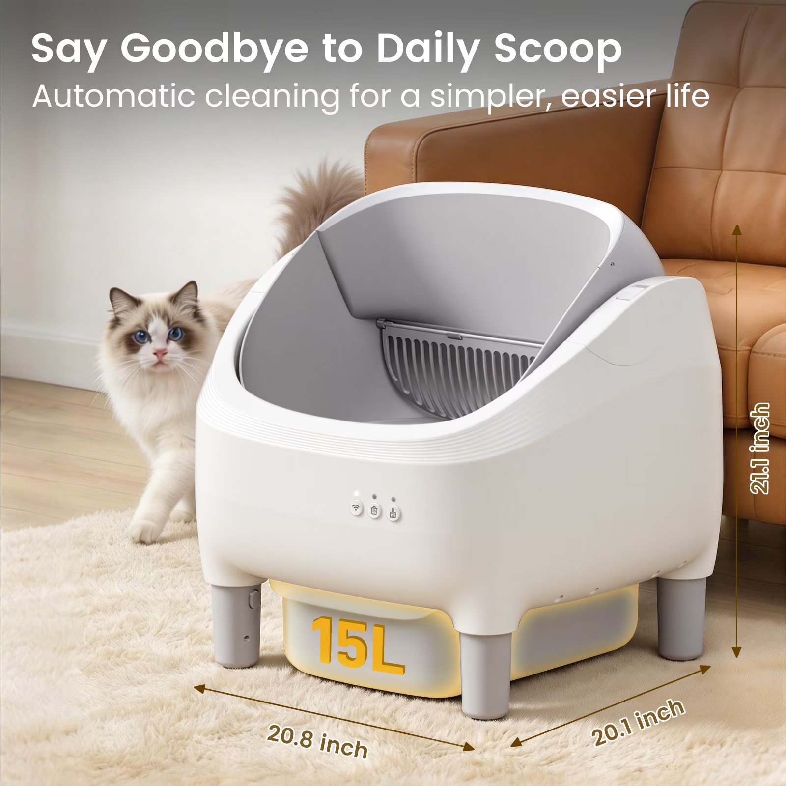 Self Cleaning Litter Box, 95 L Automatic Cat Litter Box Self Cleaning for Multiple Cats, with Safety Protection, App Control,1 Roll Garbage Bags,White & Grey
