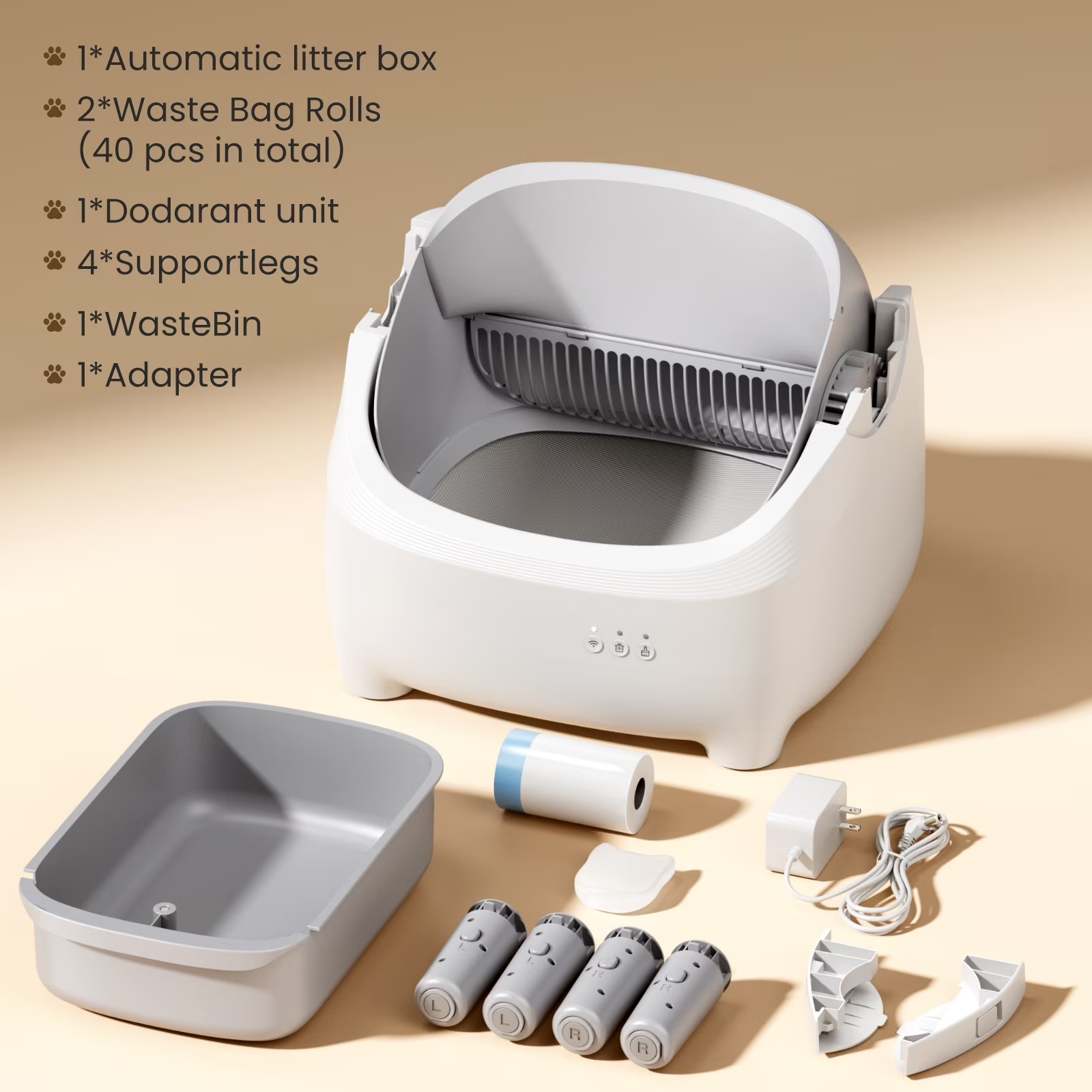 Self Cleaning Litter Box, 95 L Automatic Cat Litter Box Self Cleaning for Multiple Cats, with Safety Protection, App Control,1 Roll Garbage Bags,White & Grey