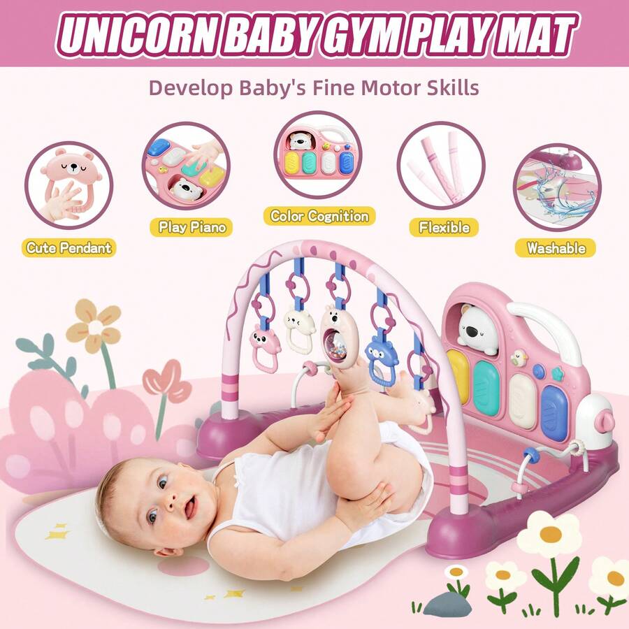 Baby Piano Play Mat with Mirror & Hanging Toys | 0-6 Month Infant Kick Play Gym | Soft Crawling Mat for Sensory & Motor Development | Pink & Gree
