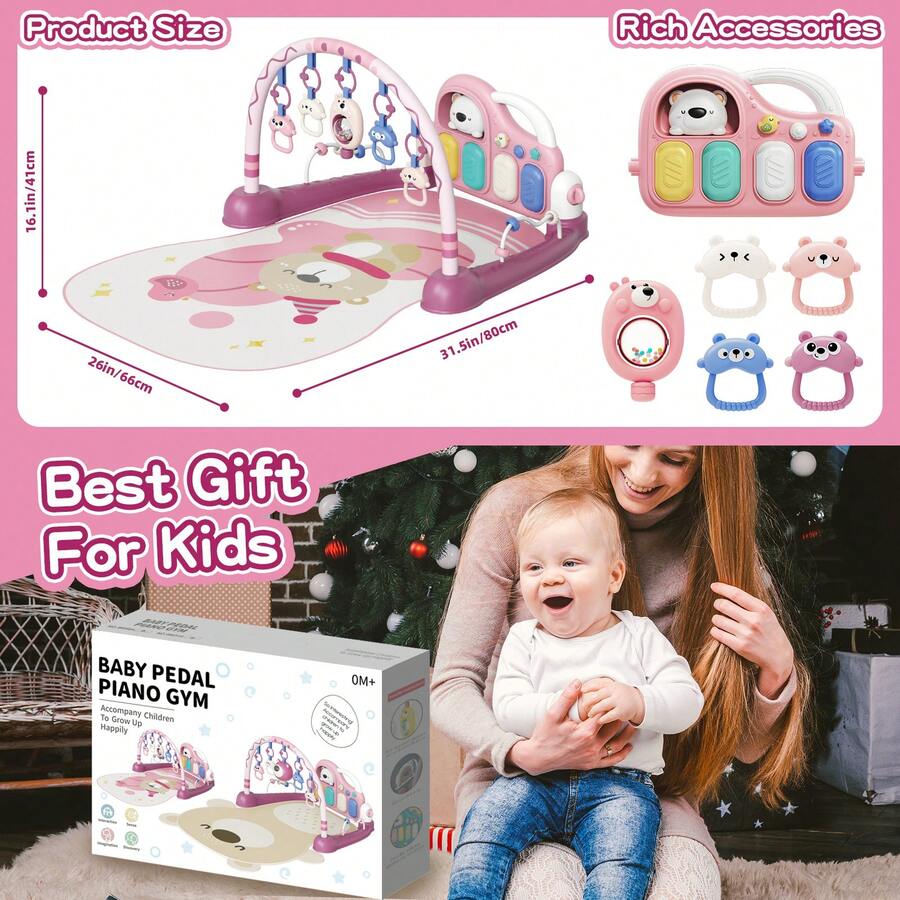 Baby Piano Play Mat with Mirror & Hanging Toys | 0-6 Month Infant Kick Play Gym | Soft Crawling Mat for Sensory & Motor Development | Pink & Gree