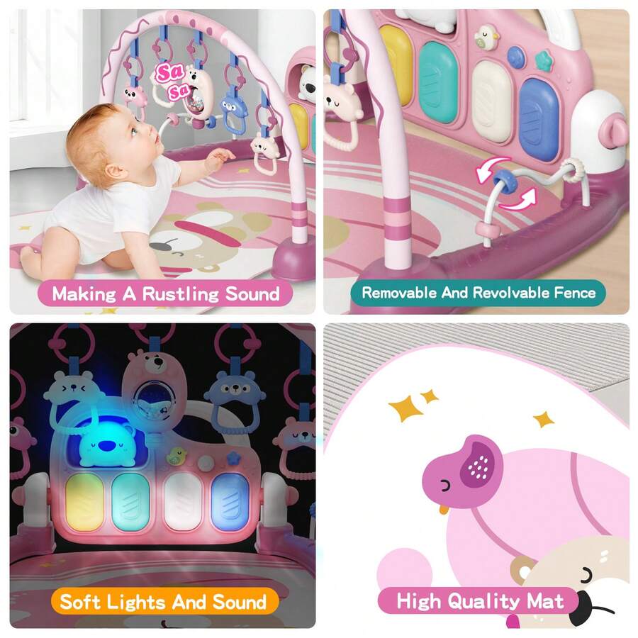 Baby Piano Play Mat with Mirror & Hanging Toys | 0-6 Month Infant Kick Play Gym | Soft Crawling Mat for Sensory & Motor Development | Pink & Gree