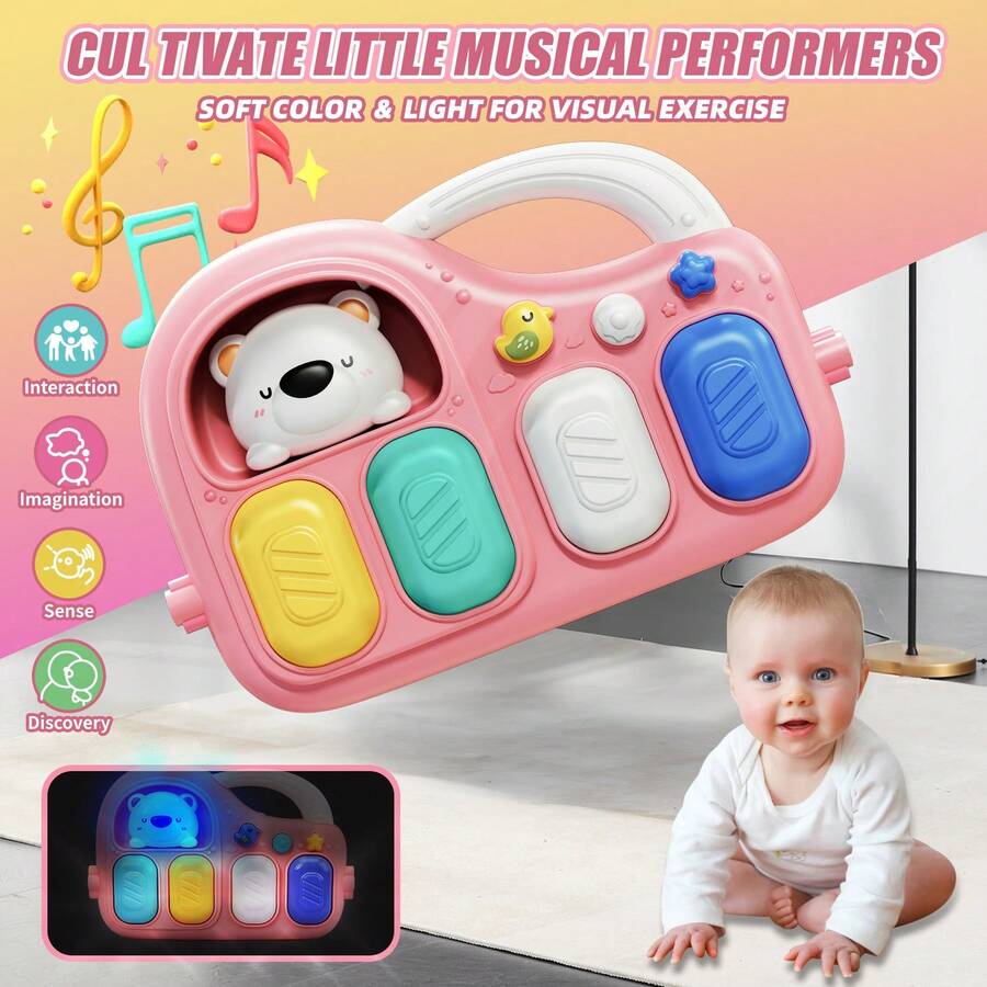 Baby Piano Play Mat with Mirror & Hanging Toys | 0-6 Month Infant Kick Play Gym | Soft Crawling Mat for Sensory & Motor Development | Pink & Gree