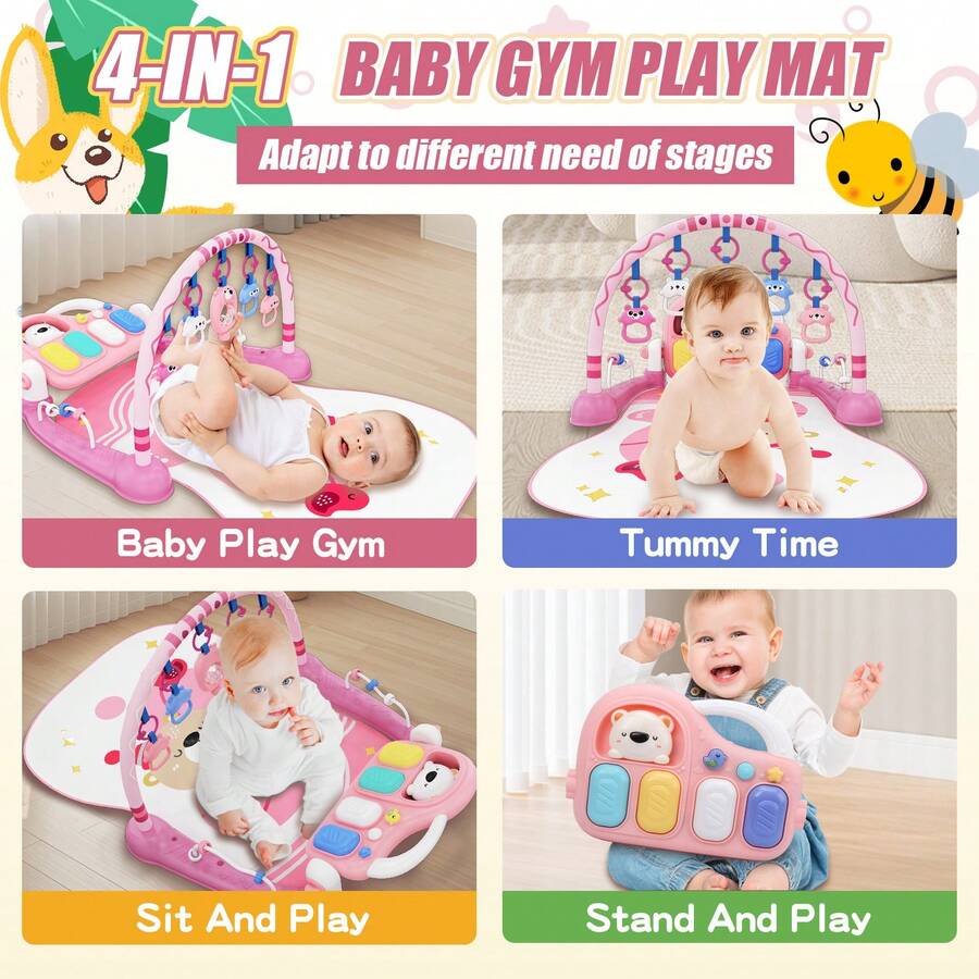 Baby Piano Play Mat with Mirror & Hanging Toys | 0-6 Month Infant Kick Play Gym | Soft Crawling Mat for Sensory & Motor Development | Pink & Gree