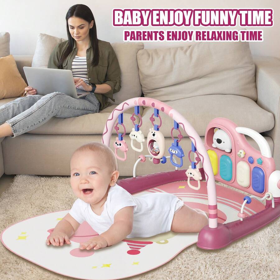 Baby Piano Play Mat with Mirror & Hanging Toys | 0-6 Month Infant Kick Play Gym | Soft Crawling Mat for Sensory & Motor Development | Pink & Gree