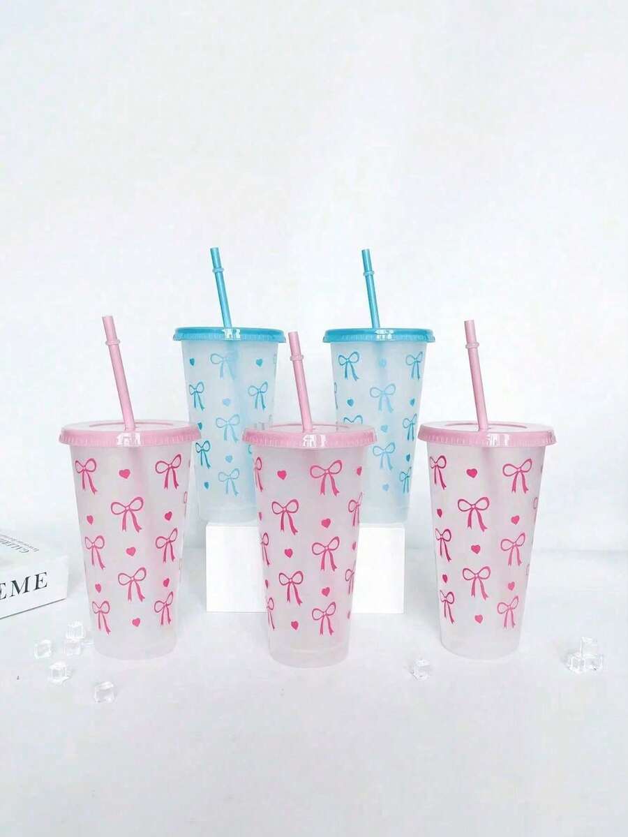 pc/5pcs/10pcs 24oz Pink & Blue Bow Plastic Cups With Lids And Straws, Reusable