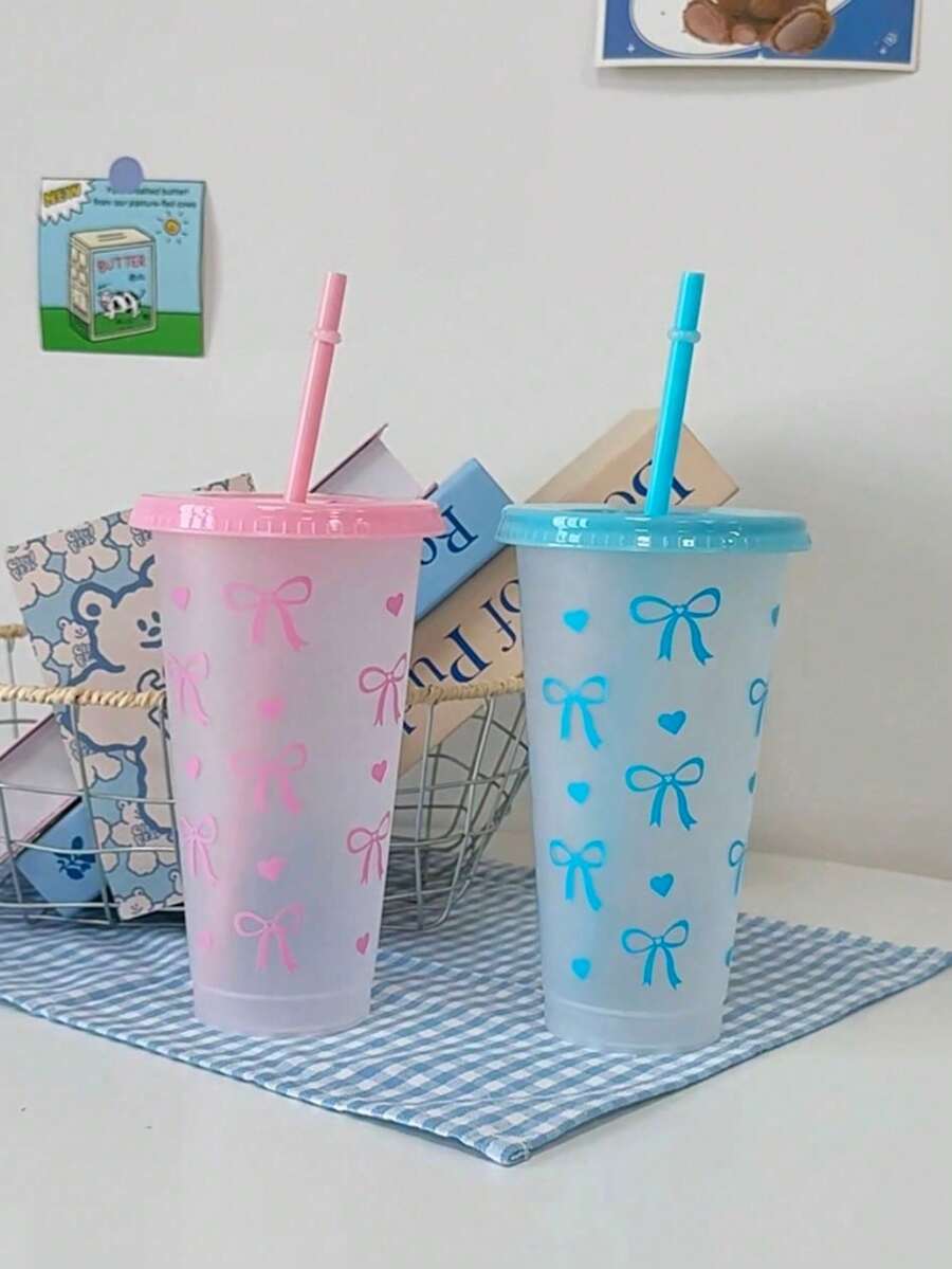 pc/5pcs/10pcs 24oz Pink & Blue Bow Plastic Cups With Lids And Straws, Reusable