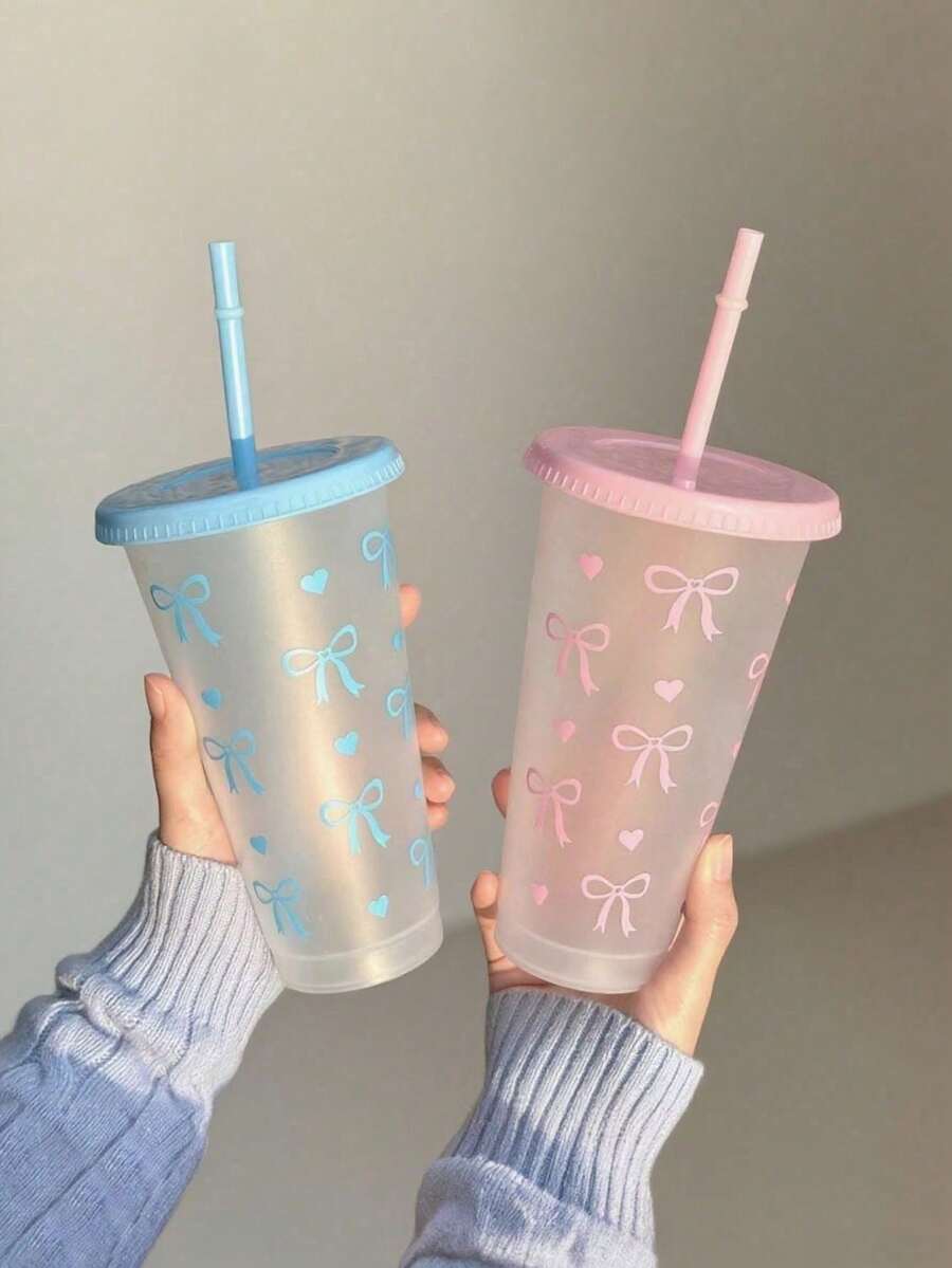 pc/5pcs/10pcs 24oz Pink & Blue Bow Plastic Cups With Lids And Straws, Reusable