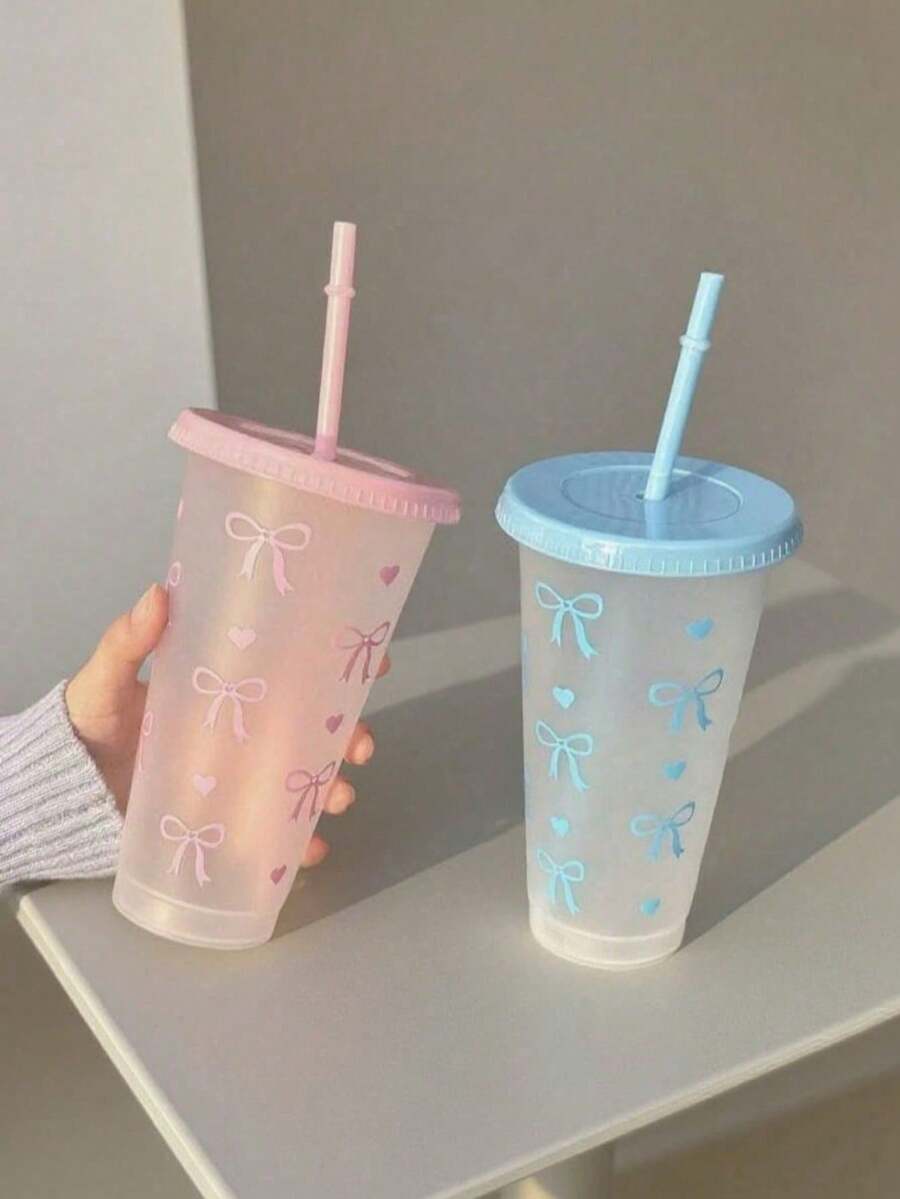 pc/5pcs/10pcs 24oz Pink & Blue Bow Plastic Cups With Lids And Straws, Reusable