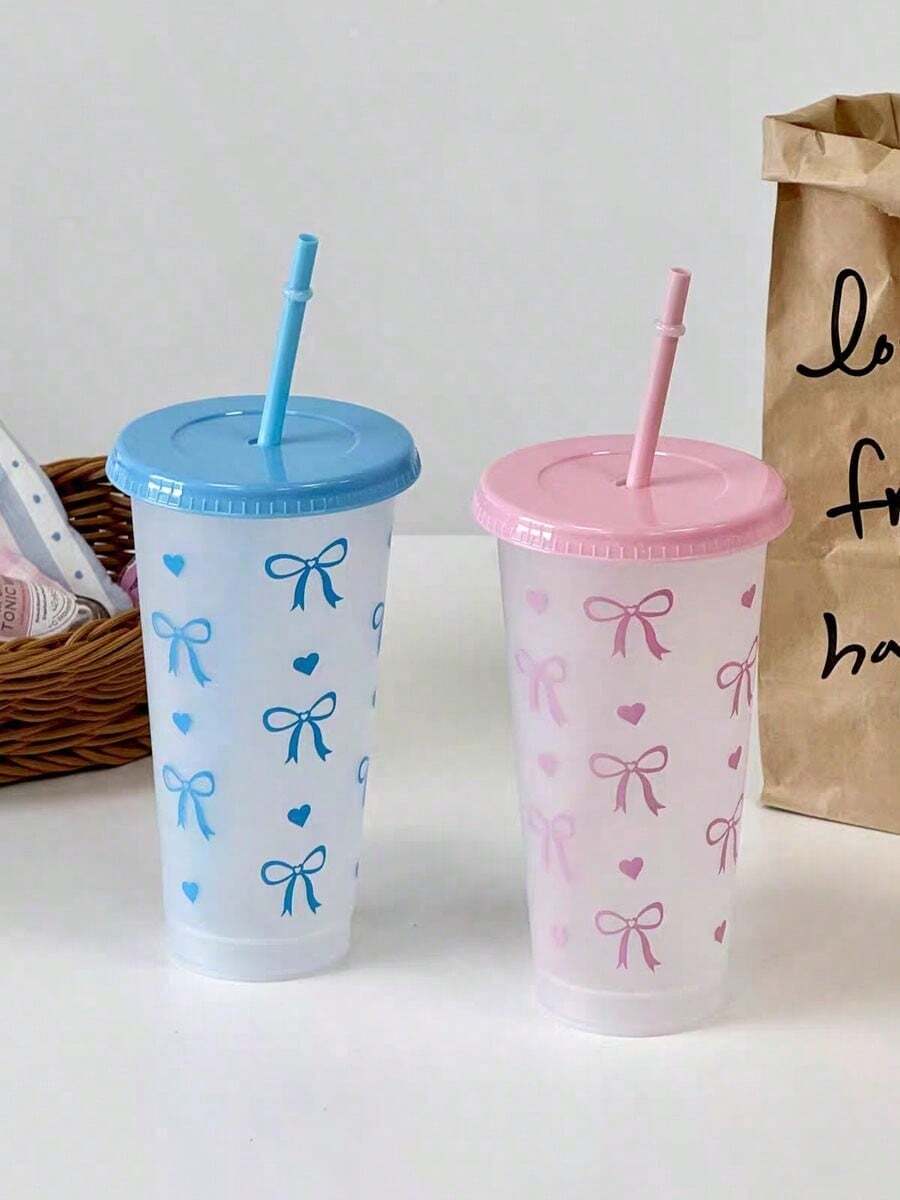 pc/5pcs/10pcs 24oz Pink & Blue Bow Plastic Cups With Lids And Straws, Reusable