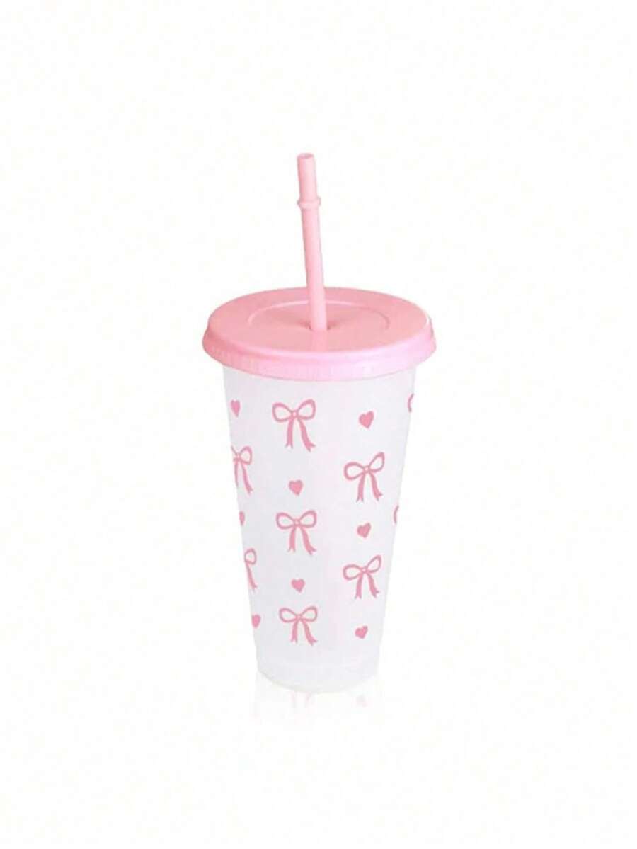 pc/5pcs/10pcs 24oz Pink & Blue Bow Plastic Cups With Lids And Straws, Reusable