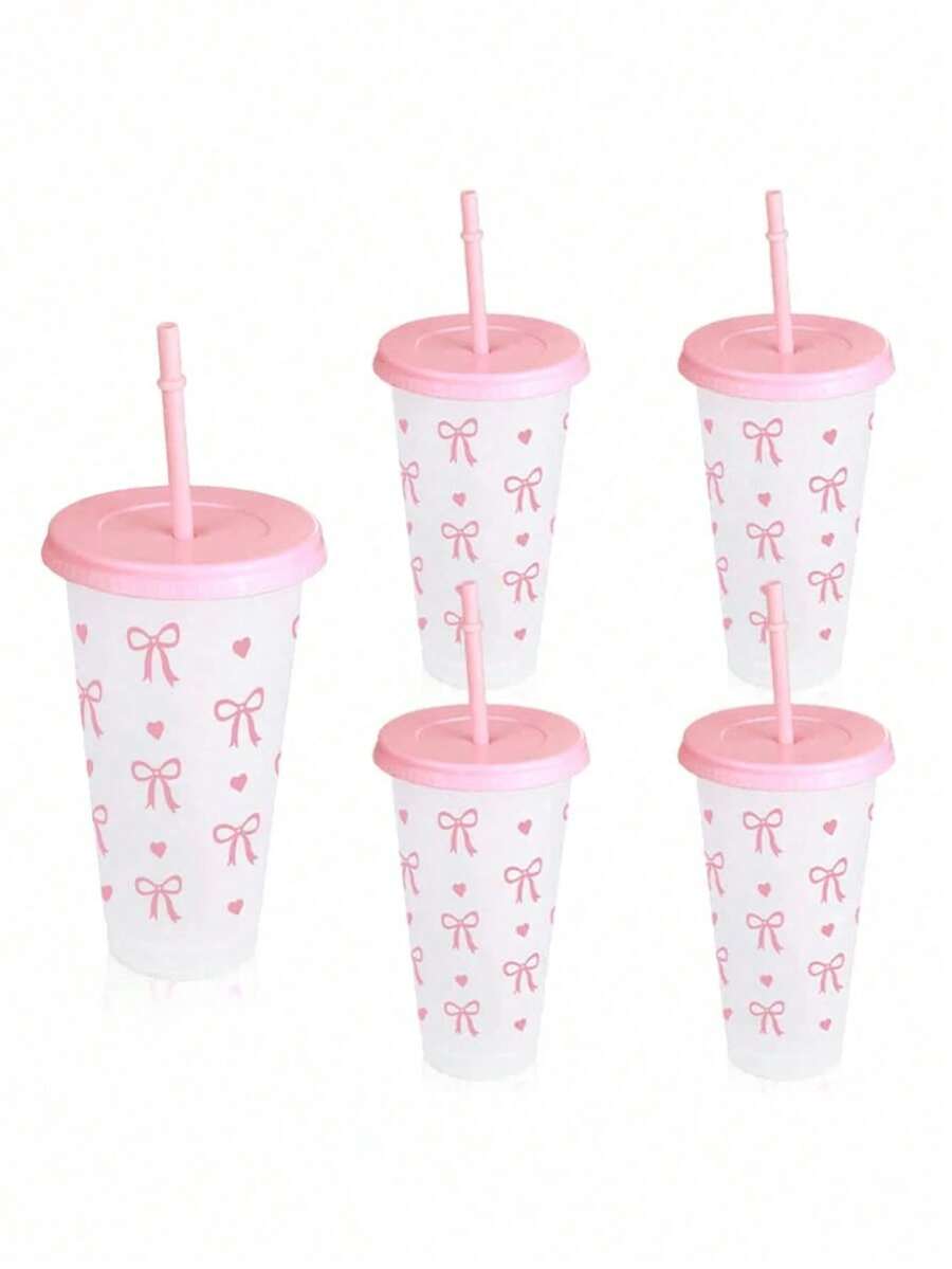 pc/5pcs/10pcs 24oz Pink & Blue Bow Plastic Cups With Lids And Straws, Reusable
