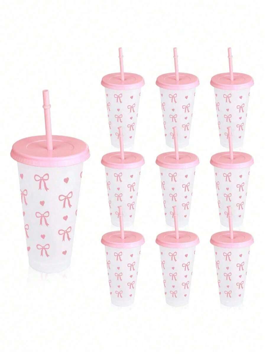 pc/5pcs/10pcs 24oz Pink & Blue Bow Plastic Cups With Lids And Straws, Reusable