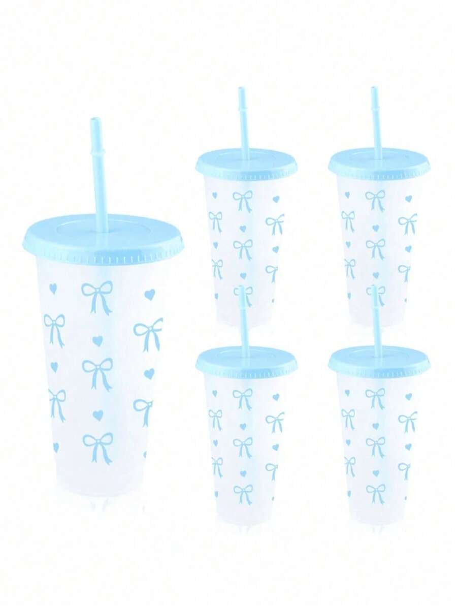 pc/5pcs/10pcs 24oz Pink & Blue Bow Plastic Cups With Lids And Straws, Reusable