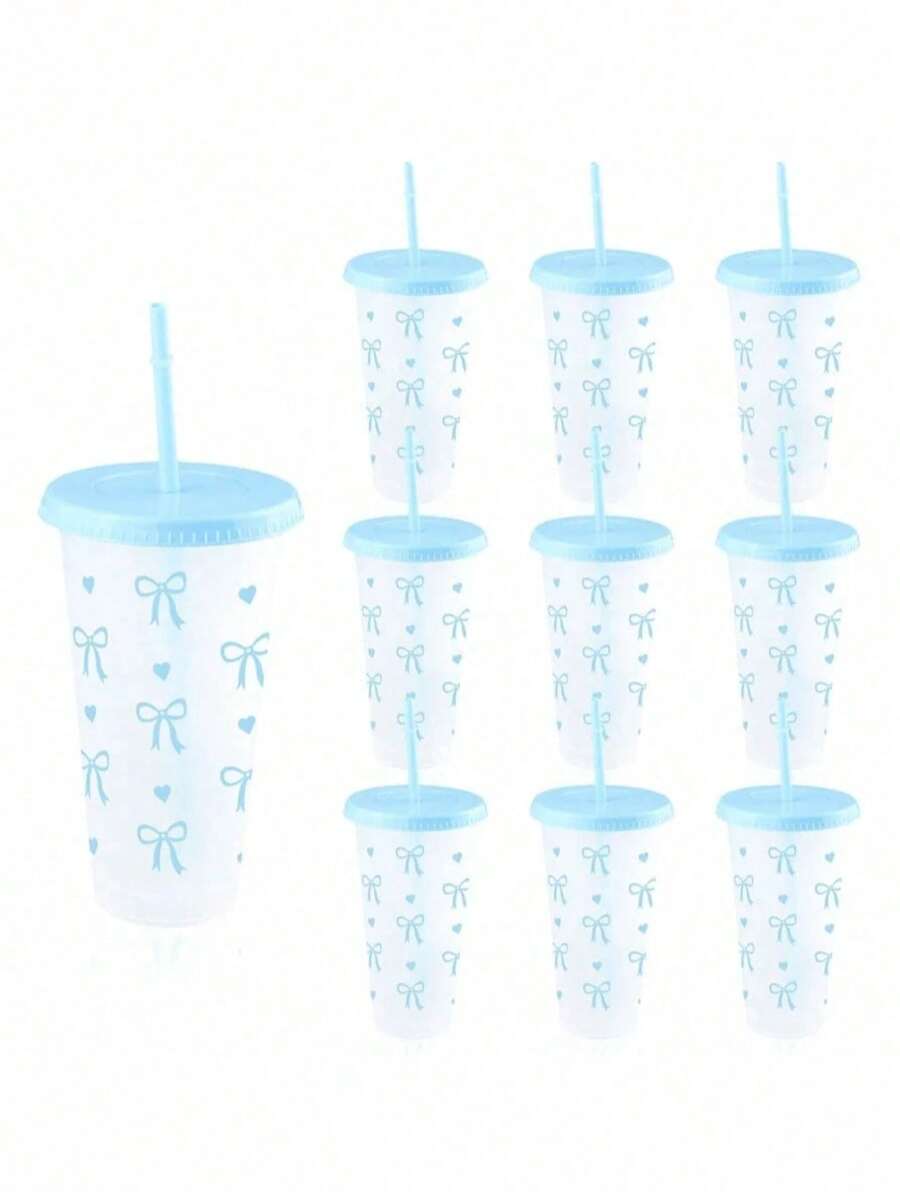 pc/5pcs/10pcs 24oz Pink & Blue Bow Plastic Cups With Lids And Straws, Reusable
