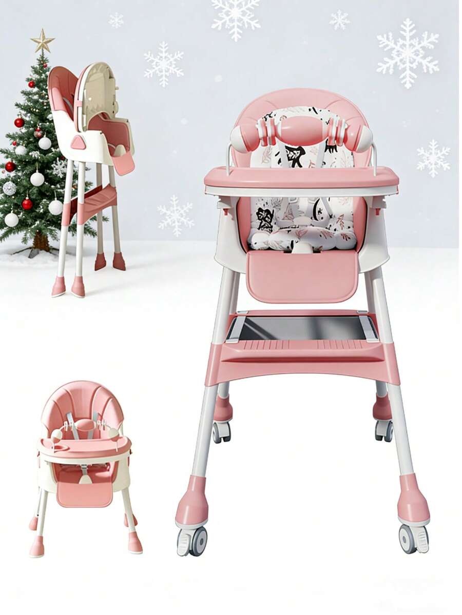 5-In-1 Foldable Baby High Chair With Adjustable Recline, Footrest, PU Cushion & Double Tray, Locking Wheels - Ideal Christmas Gift For Babies & Toddlers