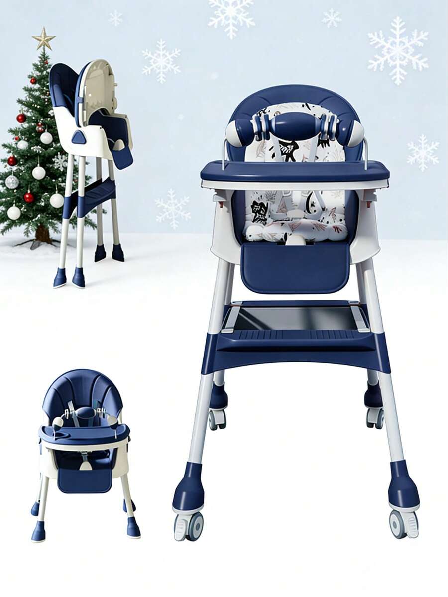 5-In-1 Foldable Baby High Chair With Adjustable Recline, Footrest, PU Cushion & Double Tray, Locking Wheels - Ideal Christmas Gift For Babies & Toddlers