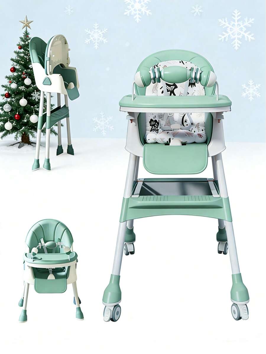 5-In-1 Foldable Baby High Chair With Adjustable Recline, Footrest, PU Cushion & Double Tray, Locking Wheels - Ideal Christmas Gift For Babies & Toddlers