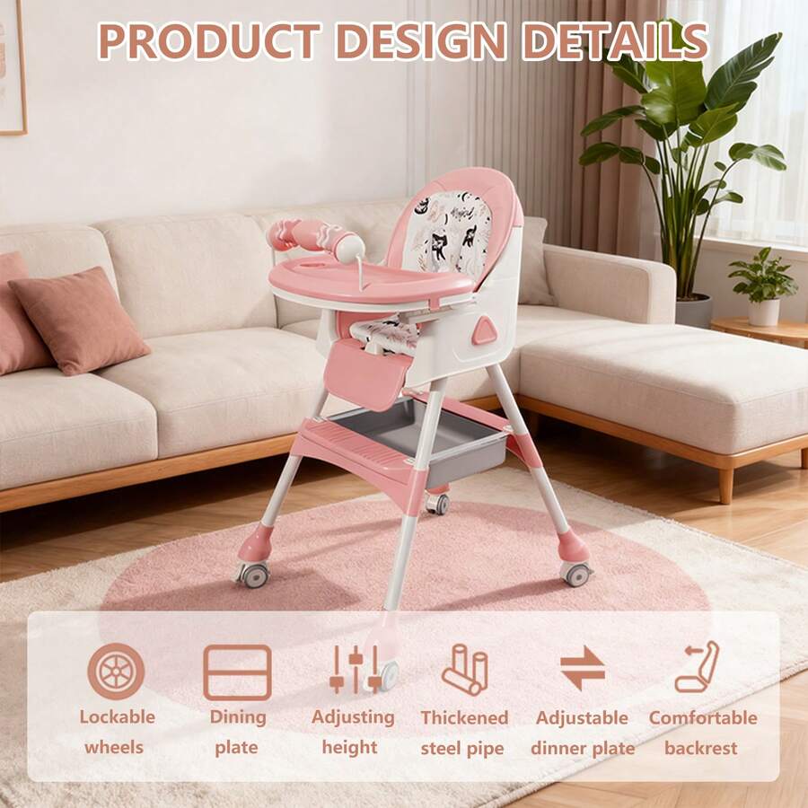 5-In-1 Foldable Baby High Chair With Adjustable Recline, Footrest, PU Cushion & Double Tray, Locking Wheels - Ideal Christmas Gift For Babies & Toddlers