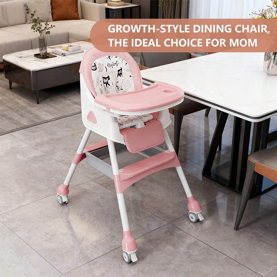 5-In-1 Foldable Baby High Chair With Adjustable Recline, Footrest, PU Cushion & Double Tray, Locking Wheels - Ideal Christmas Gift For Babies & Toddlers