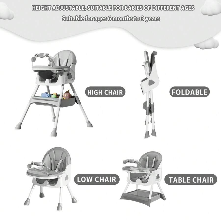 3-in-1 Baby High Chair, Foldable & Portable with Double-Layer Tray, 5-Point Safety and Toy Rack for Babies