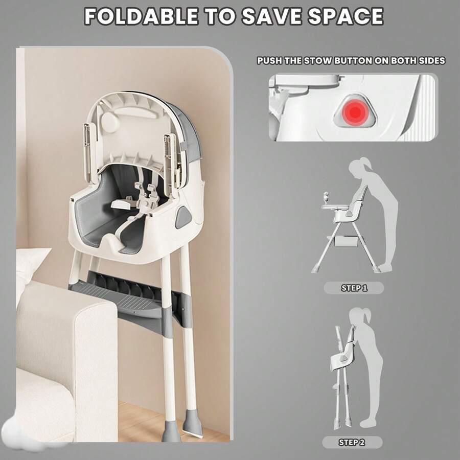 3-in-1 Baby High Chair, Foldable & Portable with Double-Layer Tray, 5-Point Safety and Toy Rack for Babies