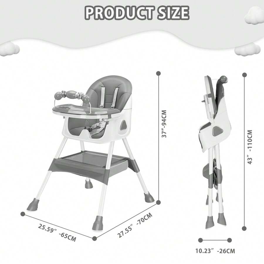 3-in-1 Baby High Chair, Foldable & Portable with Double-Layer Tray, 5-Point Safety and Toy Rack for Babies