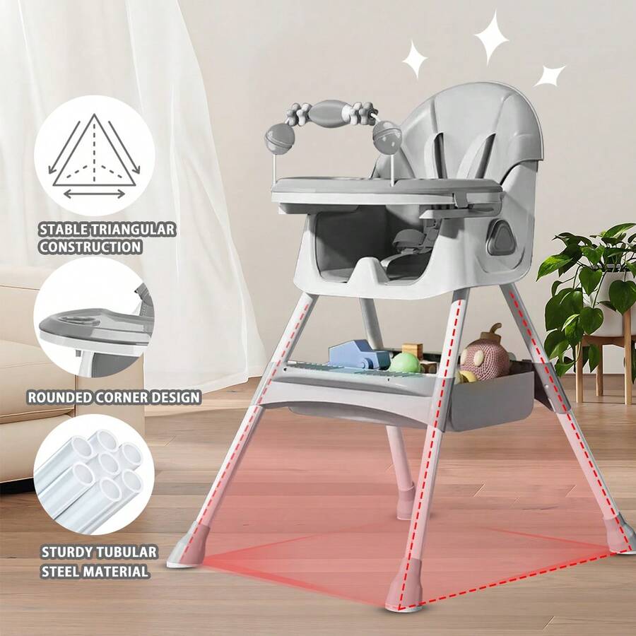 3-in-1 Baby High Chair, Foldable & Portable with Double-Layer Tray, 5-Point Safety and Toy Rack for Babies