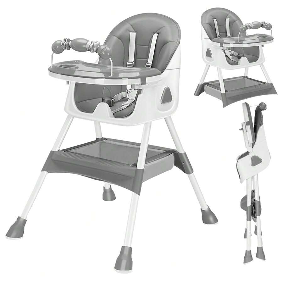 3-in-1 Baby High Chair, Foldable & Portable with Double-Layer Tray, 5-Point Safety and Toy Rack for Babies