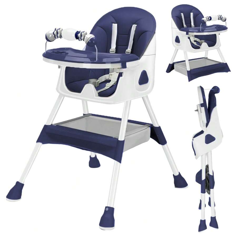 3-in-1 Baby High Chair, Foldable & Portable with Double-Layer Tray, 5-Point Safety and Toy Rack for Babies