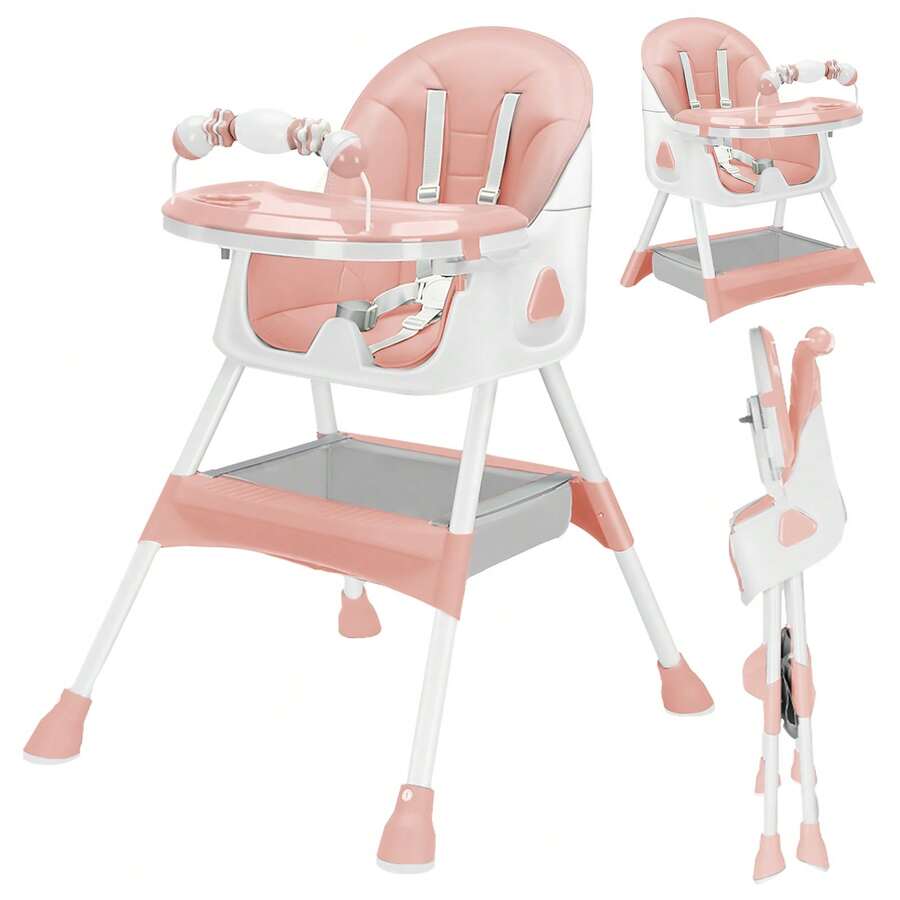 3-in-1 Baby High Chair, Foldable & Portable with Double-Layer Tray, 5-Point Safety and Toy Rack for Babies