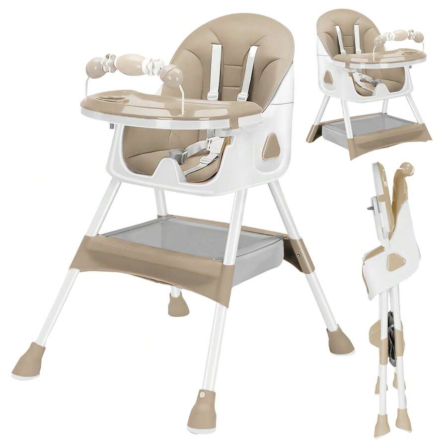 3-in-1 Baby High Chair, Foldable & Portable with Double-Layer Tray, 5-Point Safety and Toy Rack for Babies