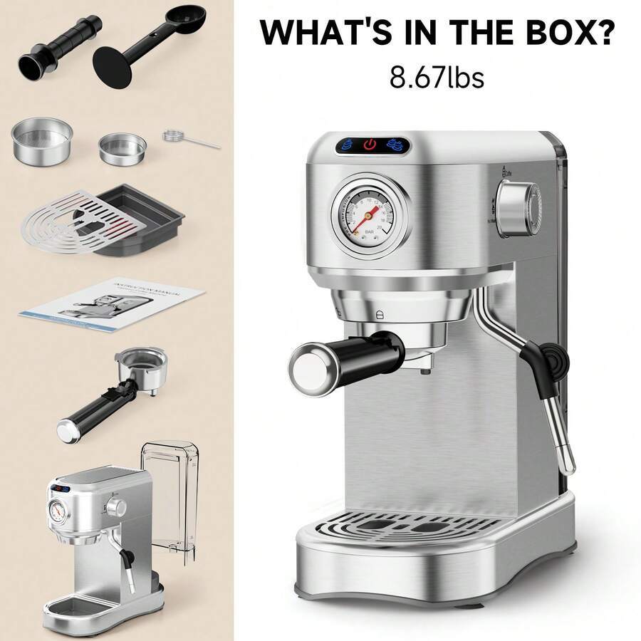 Espresso Machine 20 Bar, Compact Espresso Maker, Stainless Steel Expresso Coffee Machines with Steam Milk Frother & 34oz Removable Water Tank for Home Latte, Cappuccino, Silver