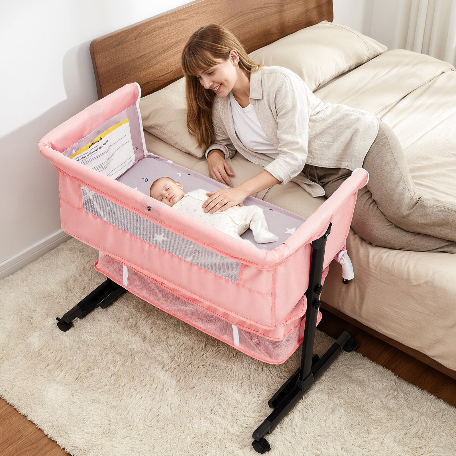 Baby Bassinet, 3 in 1 Bedside Bassinets for Baby, Bassinet Bedside Sleeper with Wheels, Adjustable Height with Rocking Mode, Breathable Mesh, Storage Basket, Easy Assemble & Folding
