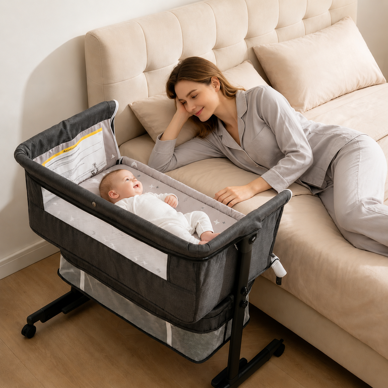 Baby Bassinet, 3 in 1 Bedside Bassinets for Baby, Bassinet Bedside Sleeper with Wheels, Adjustable Height with Rocking Mode, Breathable Mesh, Storage Basket, Easy Assemble & Folding