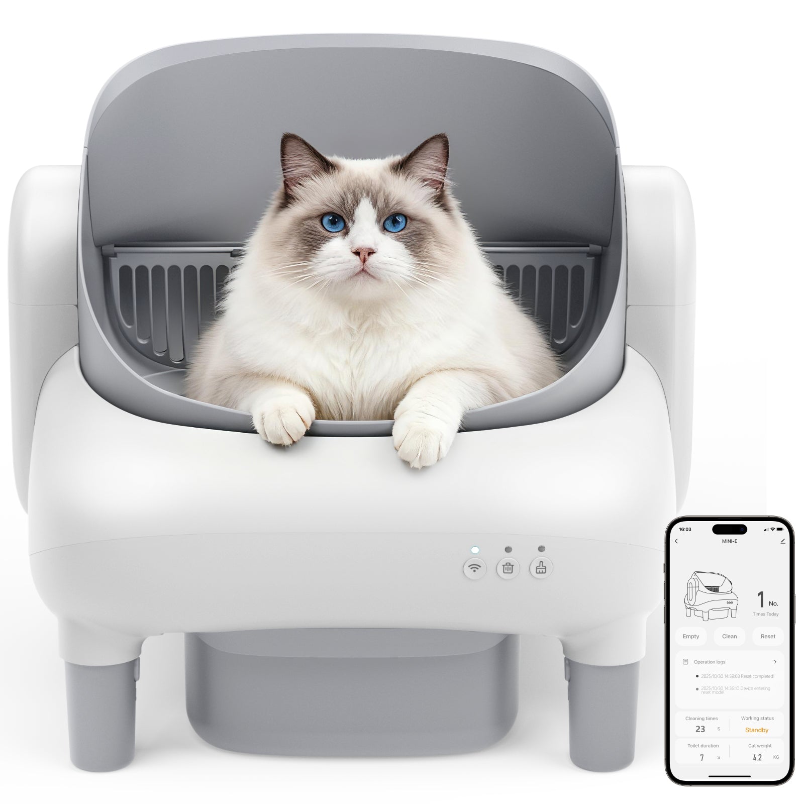 Automatic Litter Box,Open Top Self Cleaning Litter Box with App Control for Multiple Cats, Safety Sensors Protection, Odor Control Includes 2 roll Liners,Large Waste Bin, Cream White