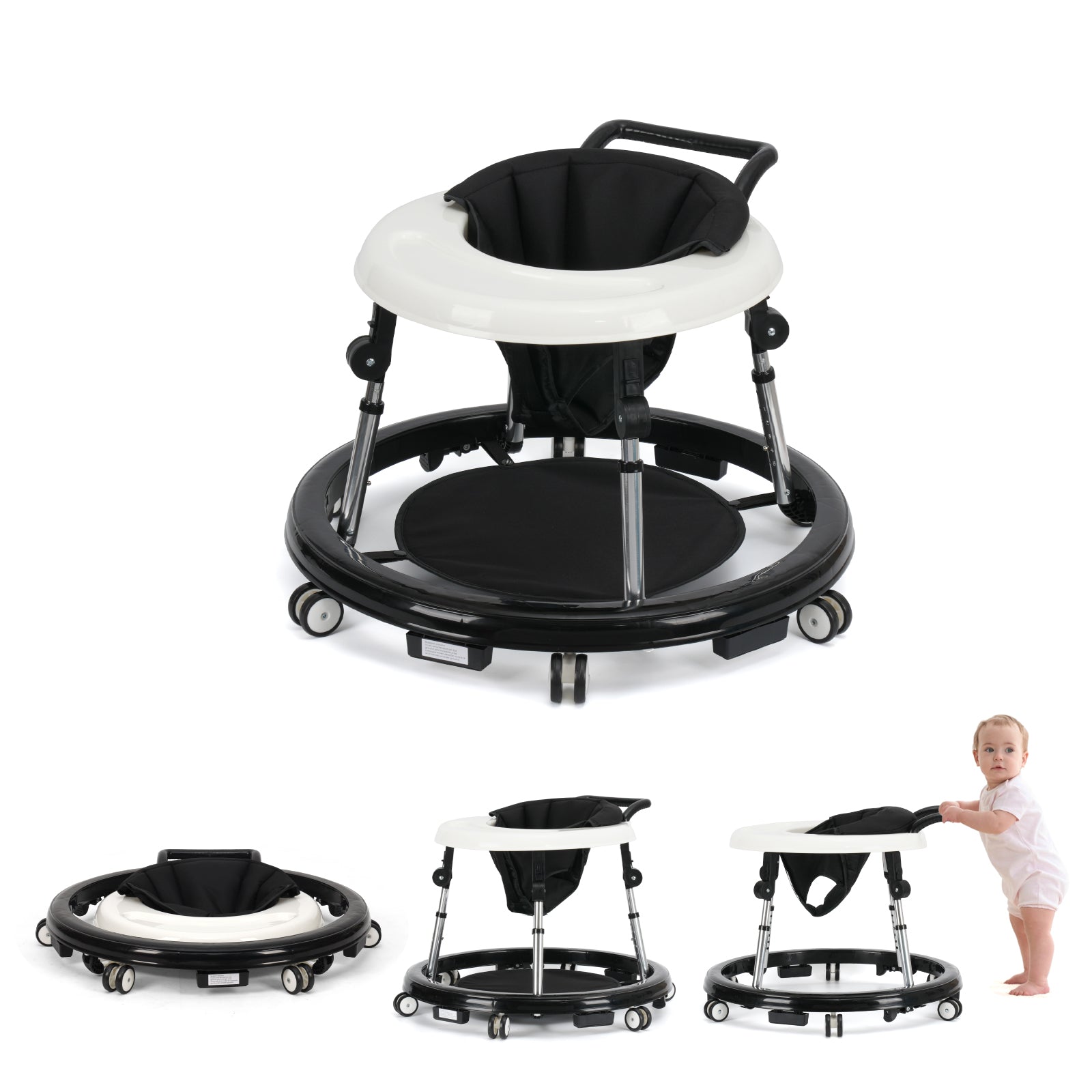 Foldable Baby Walker with Adjustable Height and Wheels, Portable Anti-Rollover Design