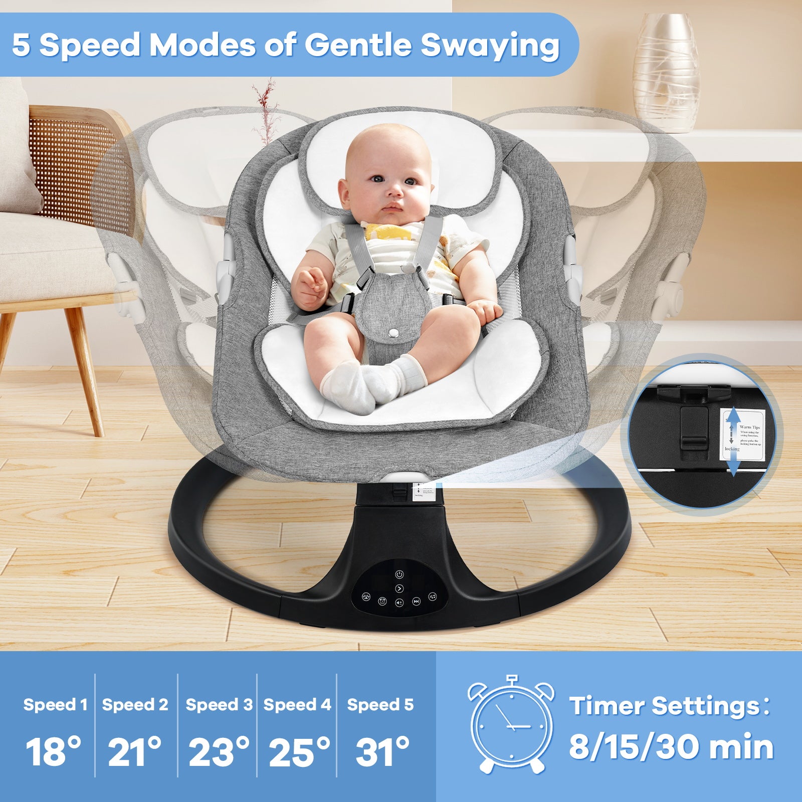 Baby Electric Bassinet, Baby Rocker, 5 Speed And 10 Lullabies, Baby Bouncer,Adapter And Battery Powered, For Indoor And Outdoor Use, Remote Control