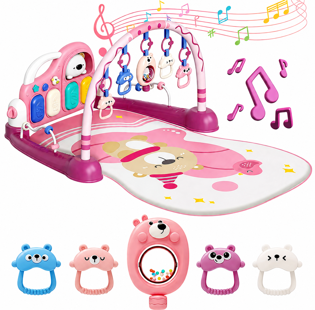 Baby Piano Play Mat with Mirror & Hanging Toys | 0-6 Month Infant Kick Play Gym | Soft Crawling Mat for Sensory & Motor Development | Pink & Gree