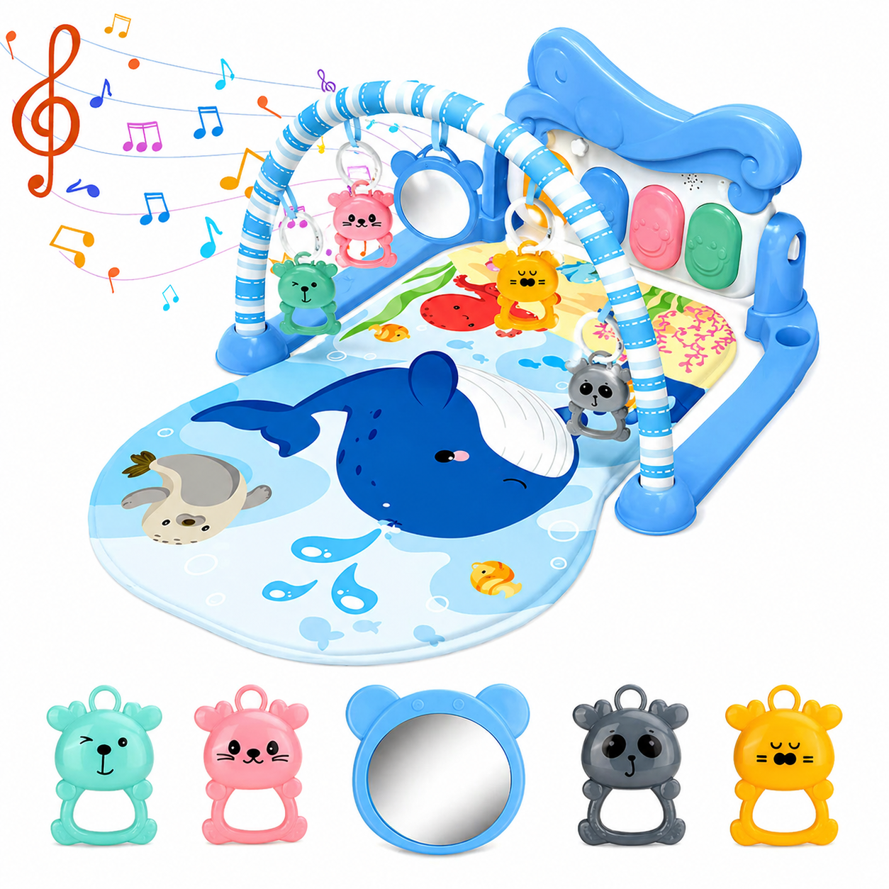 Baby Piano Play Mat with Mirror & Hanging Toys | 0-6 Month Infant Kick Play Gym | Soft Crawling Mat for Sensory & Motor Development | Pink & Gree